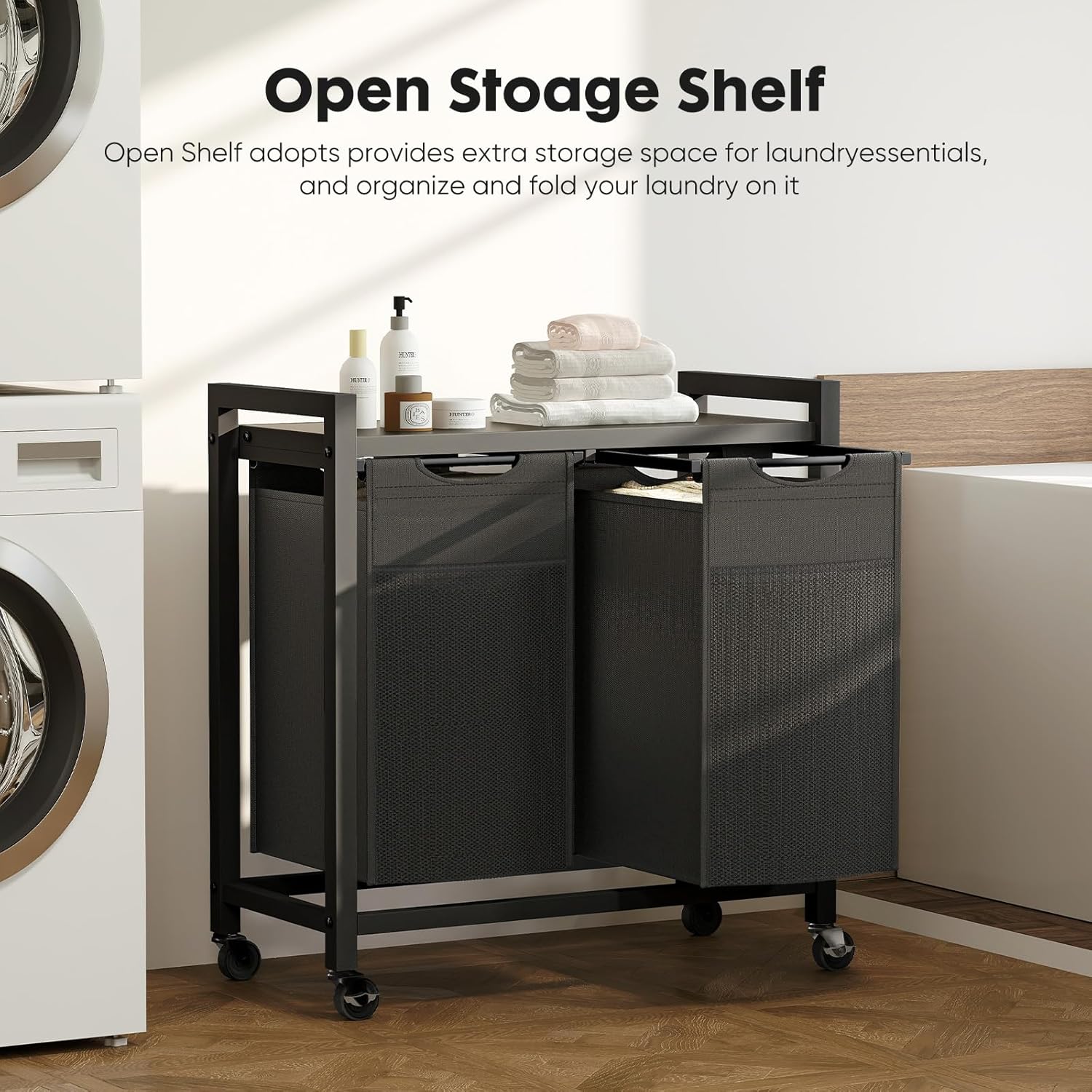 Laundry Hamper with Pull-Out Removable Sorter Bags Large Capacity and Movable Wheels,Freestanding Clothes Basket Organizer for Bathroom