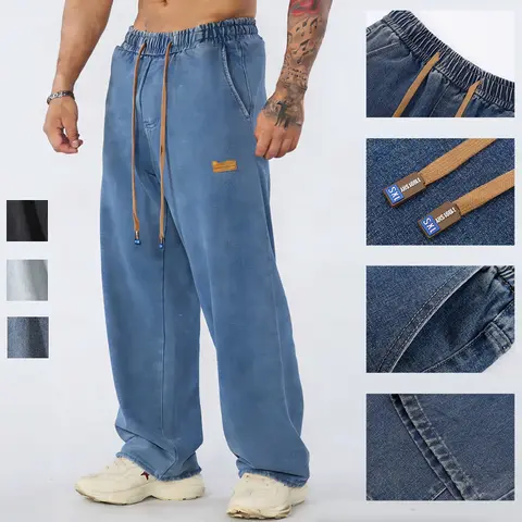 SummerWins Men’s Classic Straight-Leg Woven Jeans - Plain Denim, Elastic, Drawstring Elastic Waist, Heavy Washed, Cool, Fitted, Casual Chic Preppy Trousers (S Size Available)