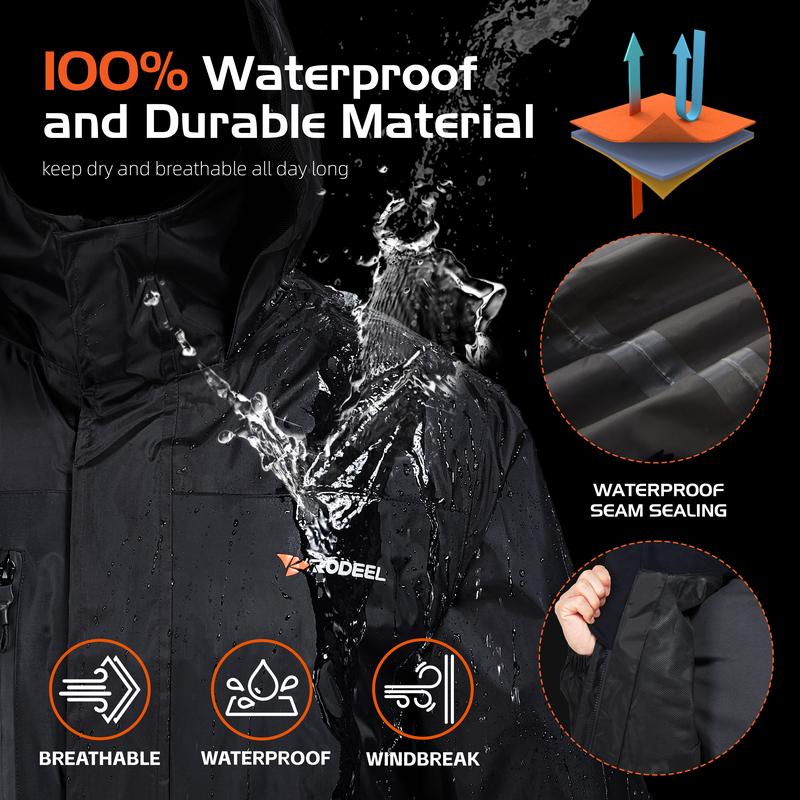【RODEEL】Waterproof Bib Overalls Rain Suit Men Lightweight Breathable Full Zip Hooded Jacket Durable Rain Coat Weatherproof Rainwear Windbreaker For Outdoor Sports Hiking Camping Fishing Construction Roofing Landscaping Workwear, Holiday Gift