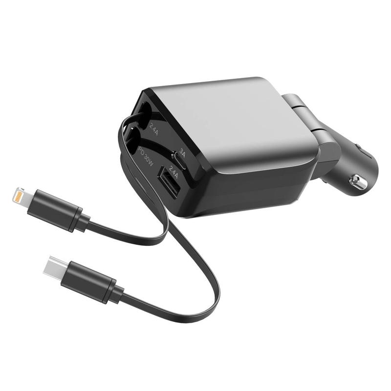 4 in 1 Retractable Car Charger: High-Speed USB C Adapter [Up to 60W] with Lightning Cable and Dual Charging Ports for iPhone 15/14/13 Pro Max , iPad, AirPods, Samsung Galaxy S23/S22/S10