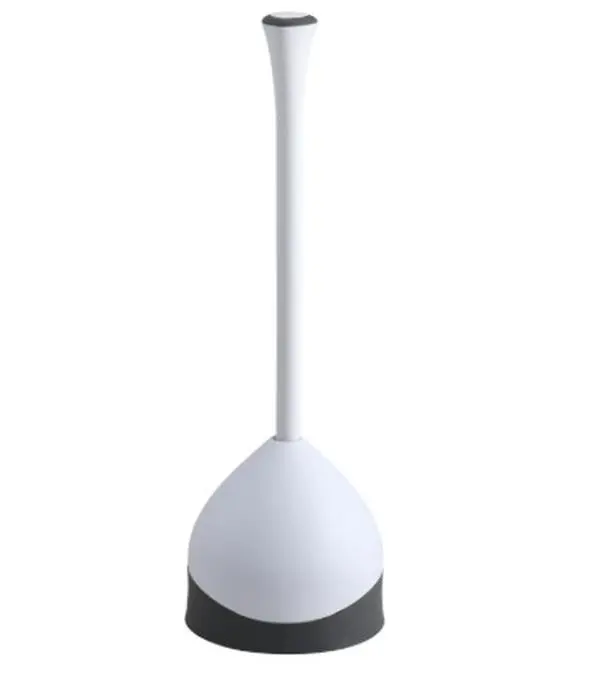 White Heavy-Duty Toilet Plunger with Hideaway Holder Caddy, Compact Design, Non-Skid Rubber Base, 6.5x19.5-Inch Bathroom Unclogger with Brush for Convenient Storage