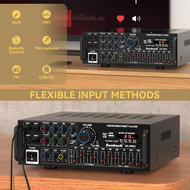 Bluetooth 5.0 HiFi 2000W(Peak) Stereo Power Amplifier For Home Car Mixer Radio Subwoofer Smartphone Audio Universal Karaoke FM USB SD AUX,Remote Control