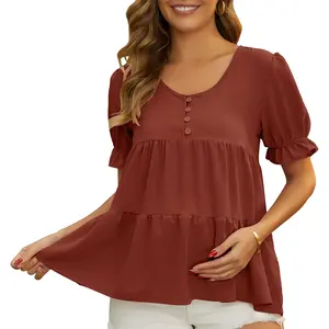 INSPIRE CHIC Women's Maternity Blouses Boho Ruffled V Neck Button Short Sleeve Tiered Shirts Flowy Loose Casual Tops