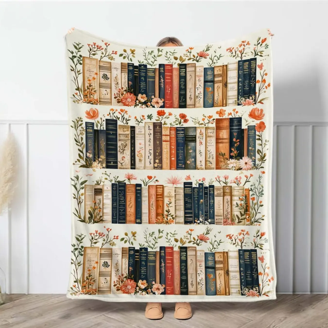 Vintage Bookshelf Library Fleece Blanket Throw, Floral Print Cottagecore Home Decor, Cozy All-Season Cover for Bedroom Bed Sofa, Personalized Gift for Book Lovers & Gifts for Women