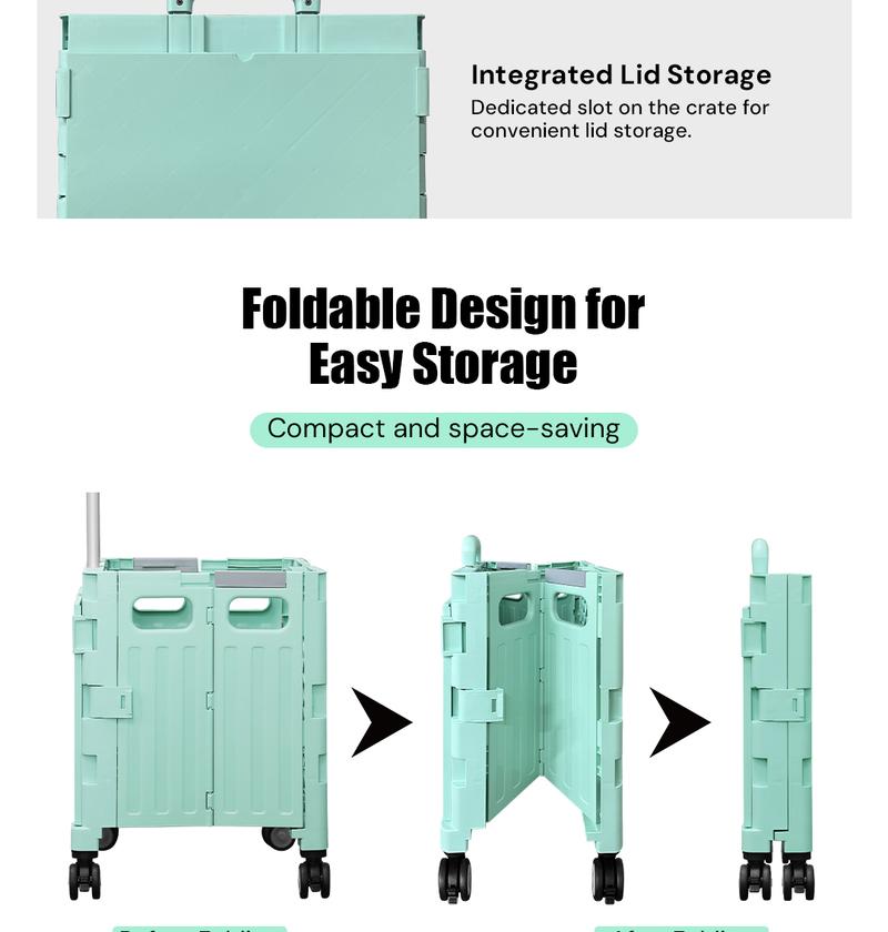 Foldable Rolling Utility Cart with 360° Wheels – Portable, Collapsible Crate with Telescopic Handle and Lid for Travel, Grocery Office Use Foldable Rolling Utility Cart with 360° Wheels – Portable, Collapsible Crate with Telescopic Handle and Lid for Travel, Grocery Office Use