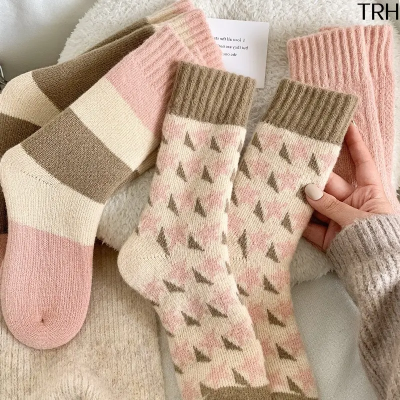 Women's 4-Pair Winter Thick Plush Fabric Crew Socks - Soft Thermal Terry Knit, Ribbed Fit, Cute Pink Brown Striped Star Print Mid-Calf Socks for Cold Weather Home & Outdoor Use