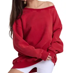 Hatant Fleece Pullover Women cute long sleeve top with Soft Batwing Sleeves and Big Round Neck Breathable and Comfortable Street off the shoulderchristmas Casual Sweatshirt oversized One shoulder Stylish  for Valentine's Day Gifts