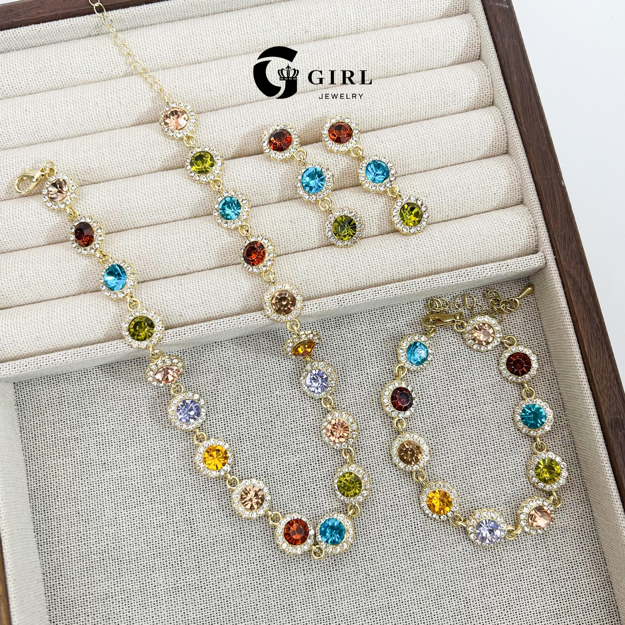 GGIRL Colorful Rhinestone Jewelry Set - Multi Color Bracelet & Shining Earrings - Stackable Choker Necklace - Unisex Daily Wear Gift Party Accessory for Various Festivals Fashion Jewelry Gift for Holiday Haul Christmas Birthdays Anniversaries