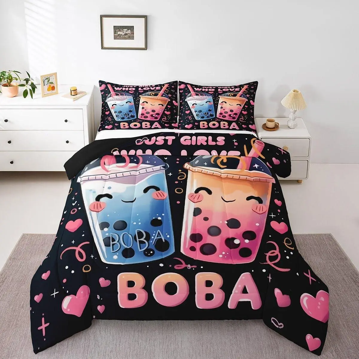 Feelyou Boba Prints Comforter Set - Funny Theme Bubble Tea Bedding, Multi-Size Pink Love Quilt, Women's Boba Gifts, Travel-Friendly Room Decor, Set Includes Core Bedding Pieces