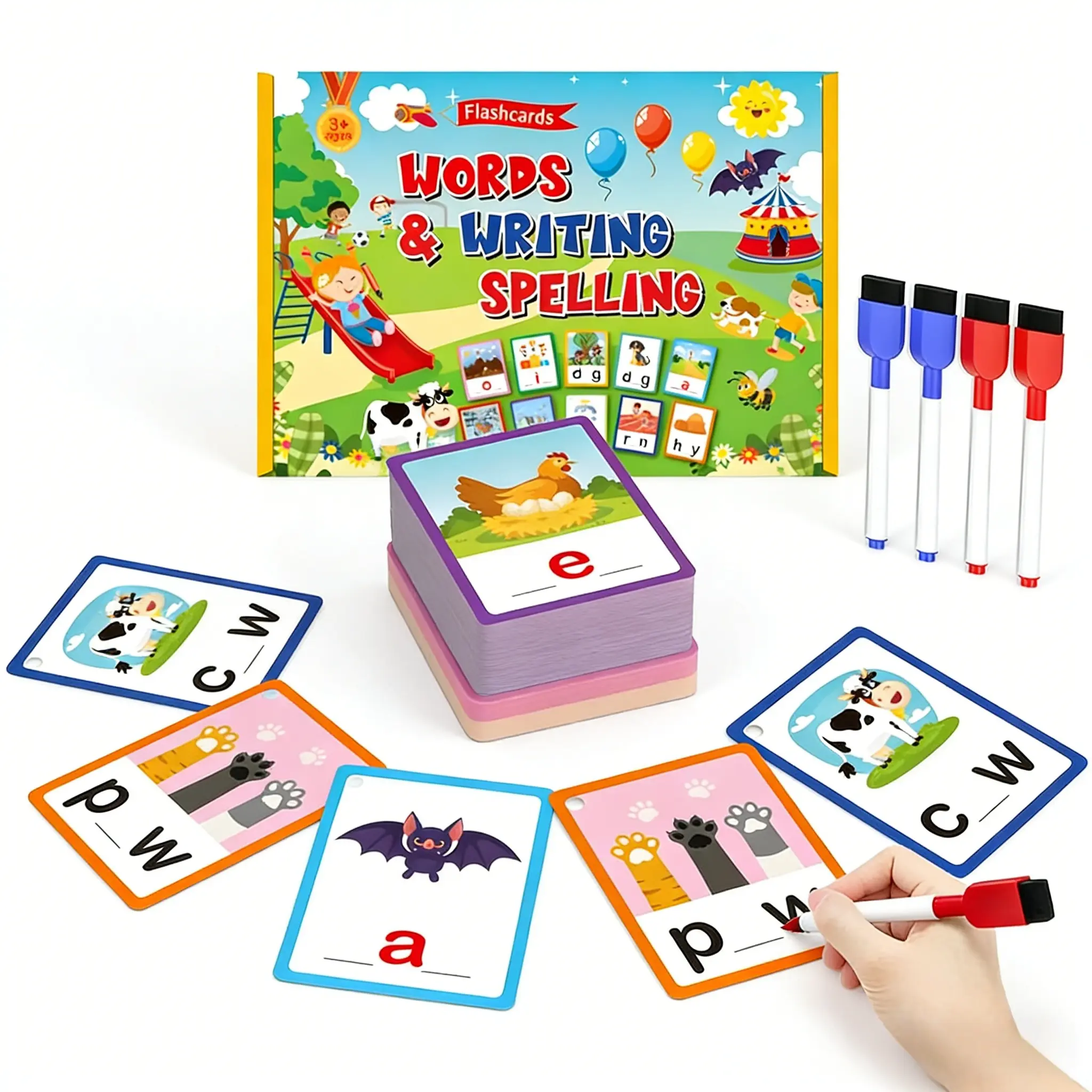 Reusable CVC Phonics Flashcards with Markers, 100-Count Flashcards Learning Alphabet, 2-Level Learning Mode, Self-Correcting Early Education Toy for Toddlers 3+, Portable Gift Box, School Supplies Essential