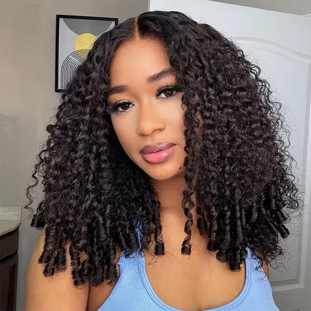 Full Burmese Curly Wigs Human Hair with Finger Coil Ends 13x6 HD Lace Frontal Human Hair Wigs with Elastic Drawstring Friendly To All Heads