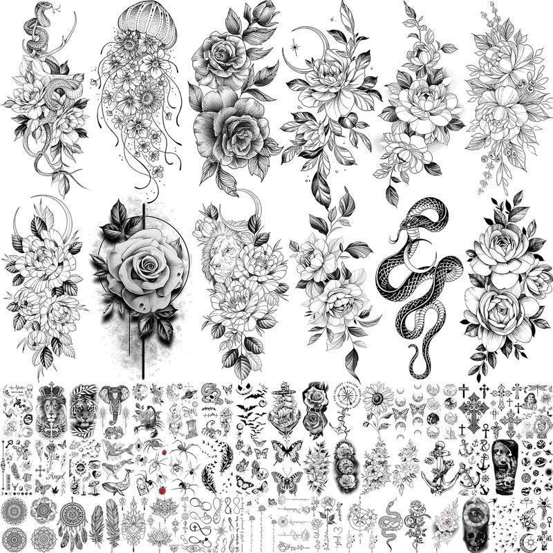 64 Sheets Long Lasting Flower Temporary Fake Tattoos For Women Arm Neck, Jellyfish Sunflower Moon Rose For Adults Girl, 3D Temp Realistic Snake Tatoo Stickers Serpent Peony Floral Kids
