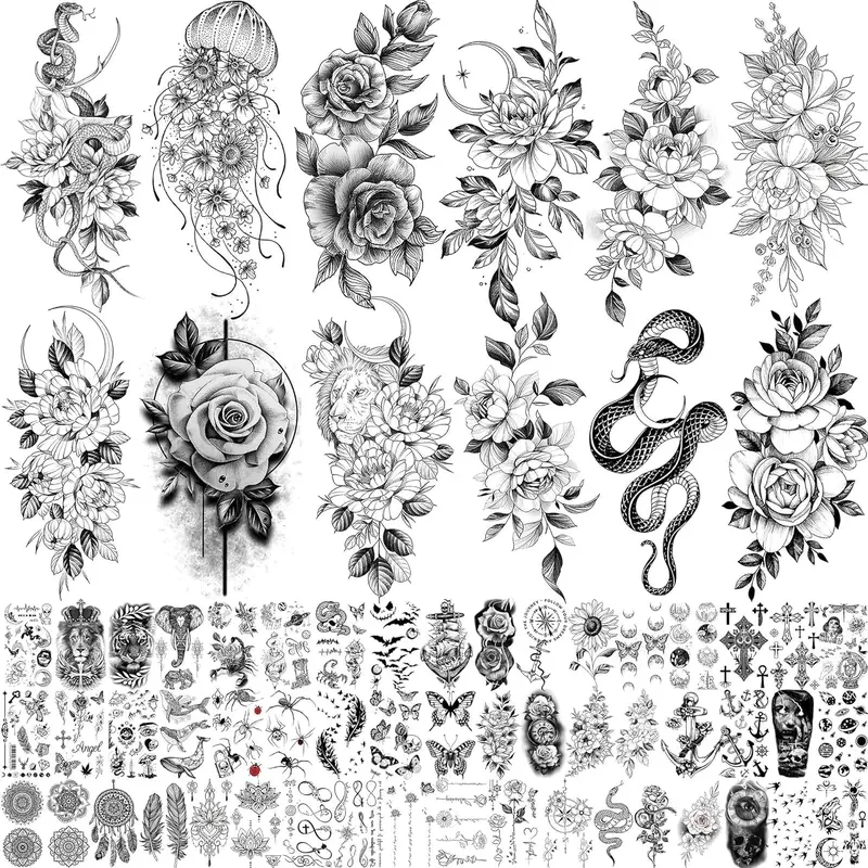 64 Sheets Long Lasting Flower Temporary Fake Tattoos For Women Arm Neck, Jellyfish Sunflower Moon Rose For Adults Girl, 3D Temp Realistic Snake Tatoo Stickers Serpent Peony Floral Kids