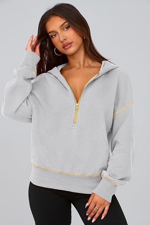 PRETTYGARDEN Women's Pink Hooded Sweatshirt Long Sleeve Half Zip Cropped Pullover with Zipper & Stitching Detail for Winter Fashion PRETTYGARDEN Women's Pink Hooded Sweatshirt Long Sleeve Half Zip Cropped Pullover with Zipper & Stitching Detail for Winter Fashion