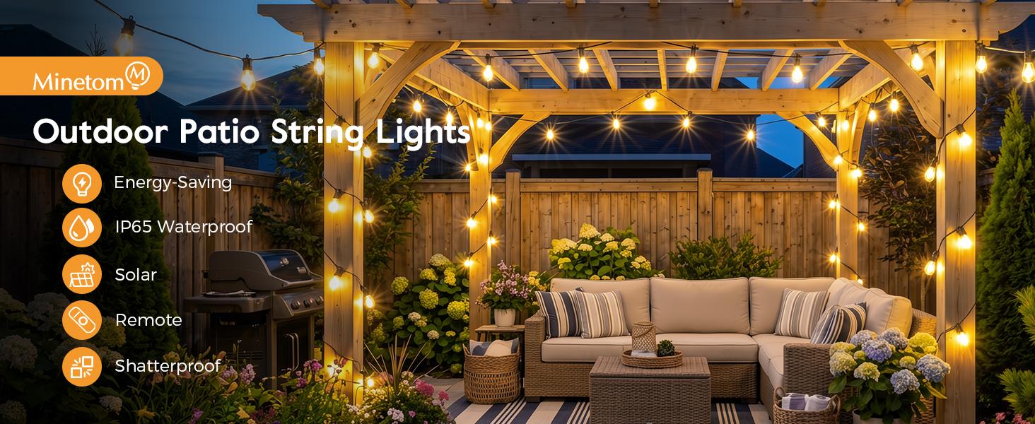 Minetom 100FT Solar String Lights Outdoor Waterproof, 31+2LED S14 Shatterproof Bulb, Patio Lights with Remote Type-C Port Timable, 3 Light Modes Dimmable Solar String Lights for Outside, Yard, Camping
