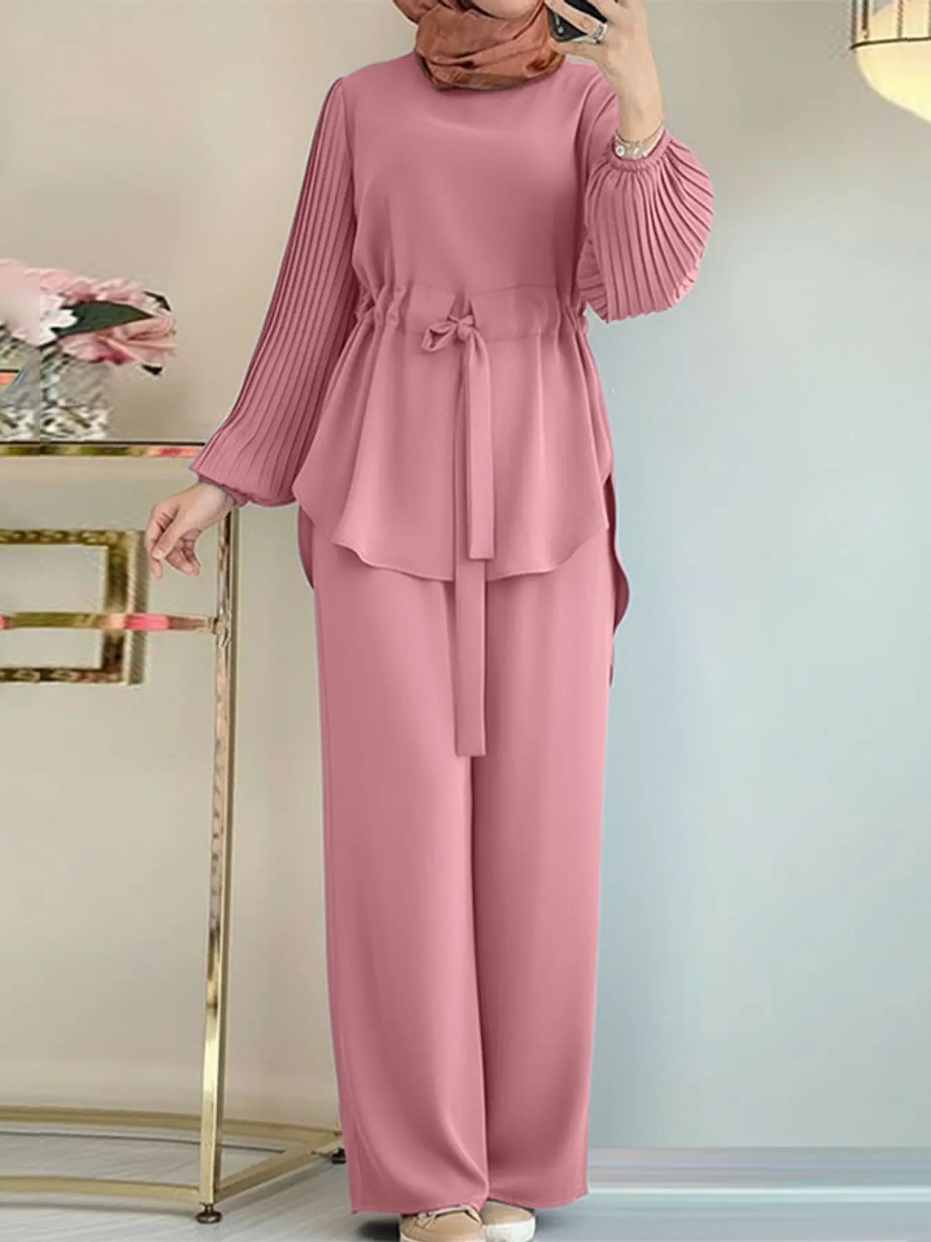 Women's Casual 2-Piece Set, Two Piece Round Neck Long Sleeve Top and High Waist Drawstring Palazzo Pants, Loose-Fit Plain Matching Outfit for Daily Wear, Matching Sets