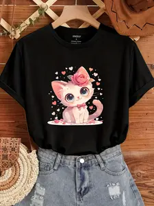Women's Cute Pink Cat Printed T-Shirt: Heart & tabby cat design, crewneck short sleeve casual, 4-season comfort, pink-black cat pattern top, suitable for daily wear & Valentine's Day, washable, regular fit fabric, cute pink bow & heart details