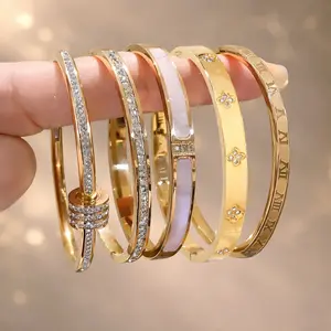 18K Elegant Stainless Steel Bangle Bracelet Set, 5-Piece Fashionable Classic Design, Jewellery Accessories, Perfect for Daily Wear & Special Occasions