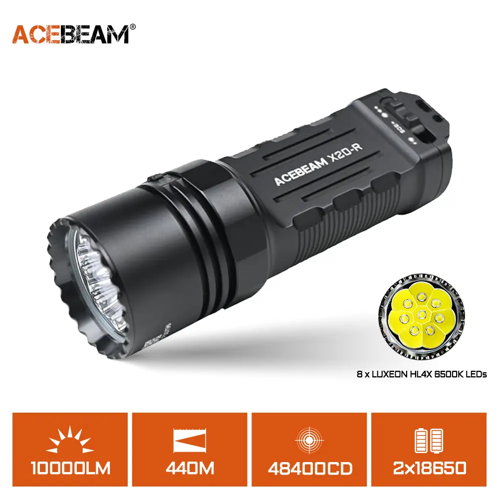 ACEBEAM Tactical High Lumen Flashlight for Adults, 10000 Lumen High Power Torch with Compact Grip, Rechargeable via USB Port, Aluminum Body with Glass Lens for Search & Rescue, Led Rechargeable Flashlights, Search And Rescue, Flash Lights, Caving
