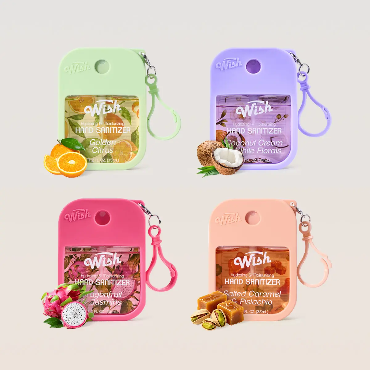 Offline Hit Dropped! Wish Hydrating Hand Sanitizer 4-Pack | Viral Scented Bag Charm Clip-On Dopamine Keychain Spray Moisturizing
