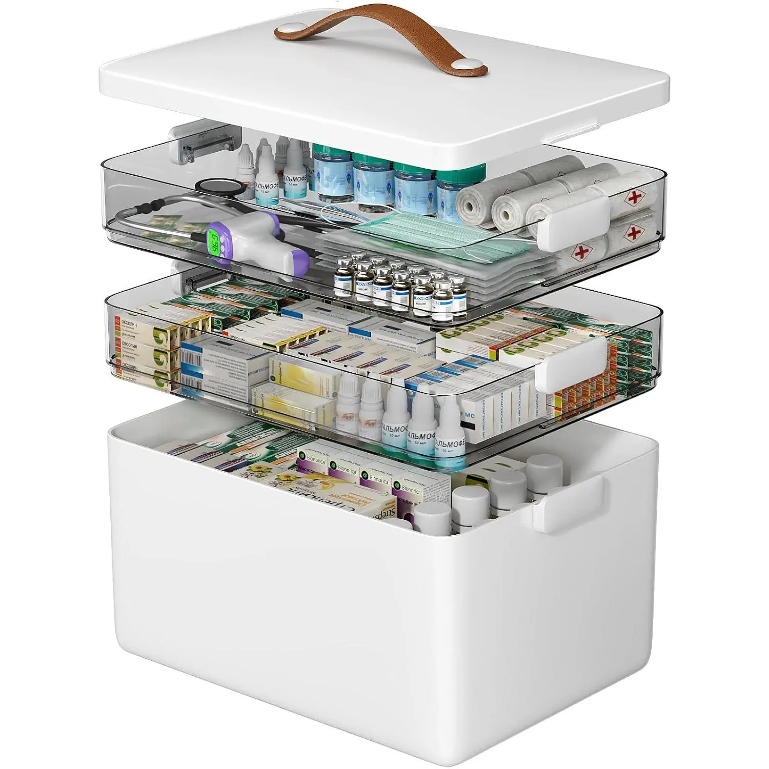 3-Tier Medicine Organizer - Portable Medicine Cabinet with Leather Handle, Empty First Aid Kit for Home