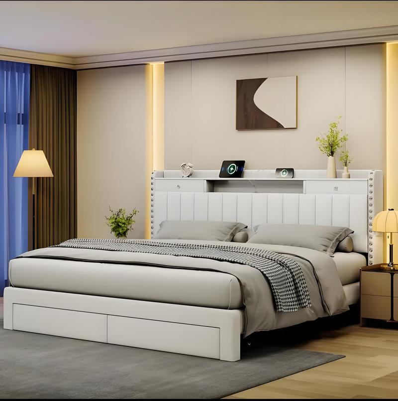 TryLazy Upholstered Flatform Bed Frame with 4 Storage Drawers No MATTRESS Queen Size Wood Slats Holds 900lbs No Noise Rivet Design USB Socket White