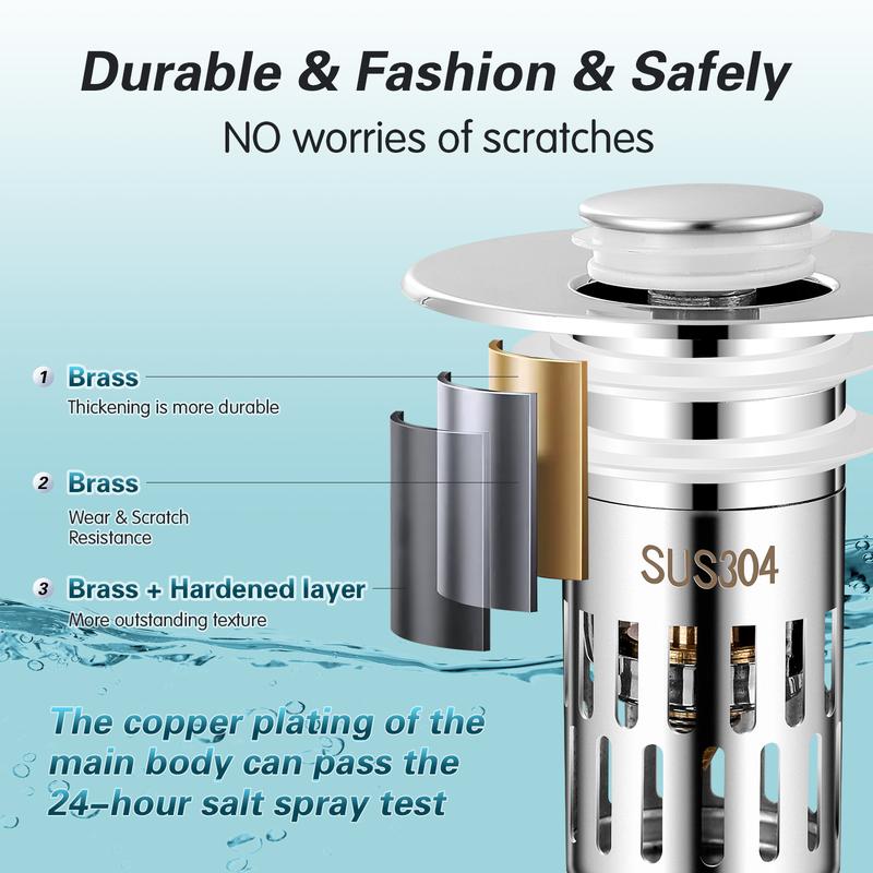 Bathroom Sink Drain Stopper, Universal Pop Up Drain for Bathroom Sink Replacement, Sink Drain Cover with Anti-Clogging Filter Basket Hair Catcher, Sink Drain Strainer