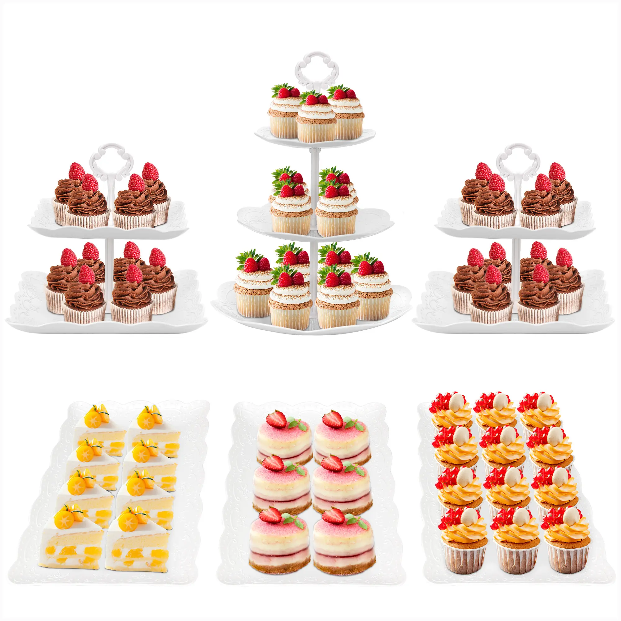 ZUMELER Lightweight White Plastic 6Pcs Cupcake Stand Set - 3-Tier & 2-Tier, Round & Rectangular Shapes, Rectangle Design, Home Supplies Organization, Dessert Table Decoration, Party Use