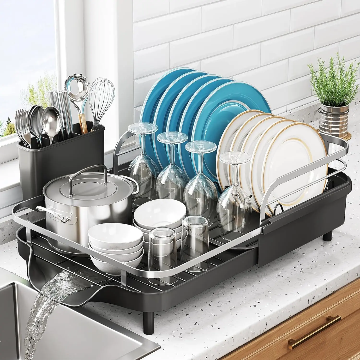 High-Sided Dish Drying Rack, Expandable Stainless Steel Dish Rack for Kitchen Counter, Protects Plates & Glasses, Drainboard Set with Utensil Holder