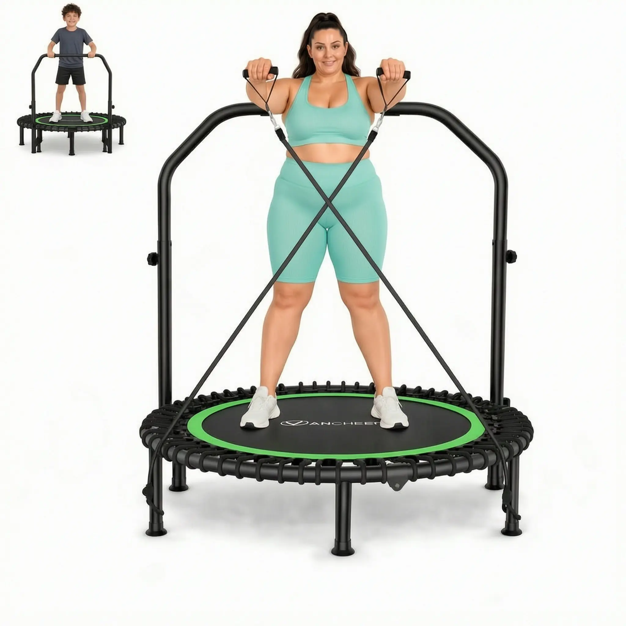 ANCHEER Foldable Round Rebounder Trampoline (40"/48"), 570lbs/620lbs Max Load Height Adjustable Indoor Fitness Trampoline with 4-Level Foam Handle, Resistance Bands for Home, Gym, Foldable Round Trampoline,SummerWins tiktokshopbacktoschool