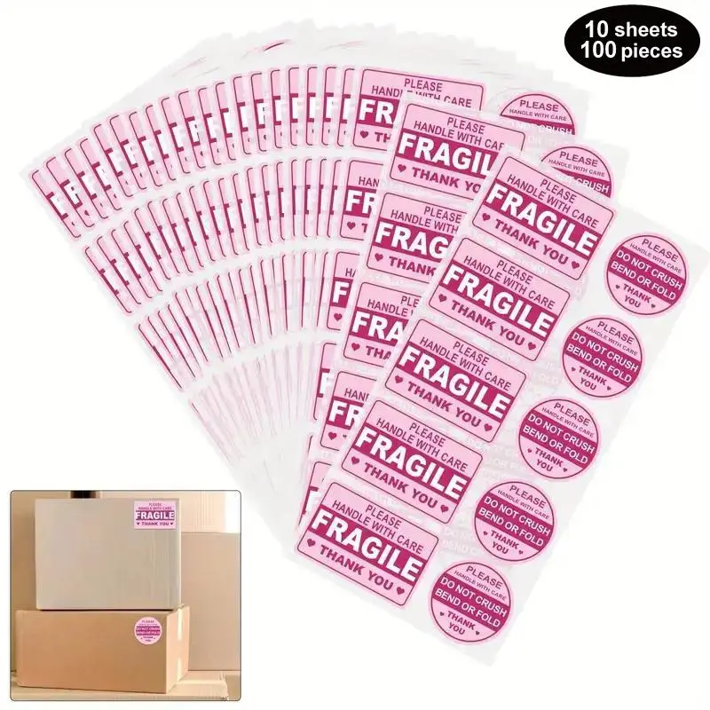 Fragile Please Handle with Care Pattern Sticker, 100pcs Adhesive Label Sticker Stickers Included Suitable for Shipping Packaging Mailing Envelope Carton, Adhesive Stickers, Sticky Labels, Sticker Packs, Fragile Stickers For Moving