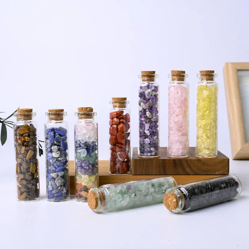 Natural Healing Crystal Chip Stones in Glass Bottle with Cork, Mini Gemstone Vial Desk & Room Decor, Spiritual Energy Ornament, Aesthetic Boho Gift for All Ages