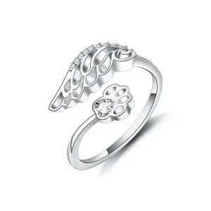 【HXS】925 Sterling Silver Angel Wing & Paw Print Ring CZ Pet Memorial Adjustable Ring Gift
