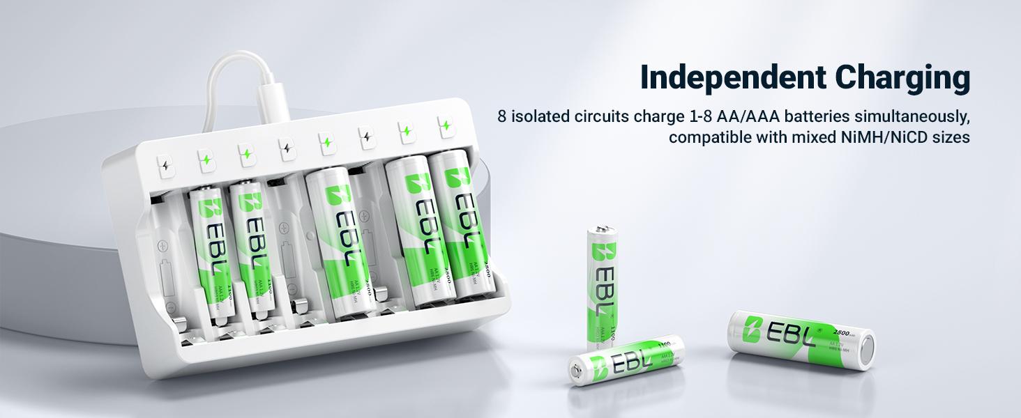 EBL Rechargeable AA Batteries 2800mAh and AAA Ni-MH Rechargeable Batteries 1100mAh with 8-Bay AA AAA Individual Battery Charger