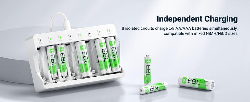EBL Rechargeable AA Batteries 2800mAh and AAA Ni-MH Rechargeable Batteries 1100mAh with 8-Bay AA AAA Individual Battery Charger
