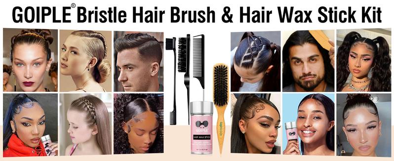 Slick Back Hair Brush Set Teasing Boar Bristle Brush, Hair Wax Stick, Edge Brushes, Rat Tail Comb, Teasing Comb, Wooden Slickback Hairbrush