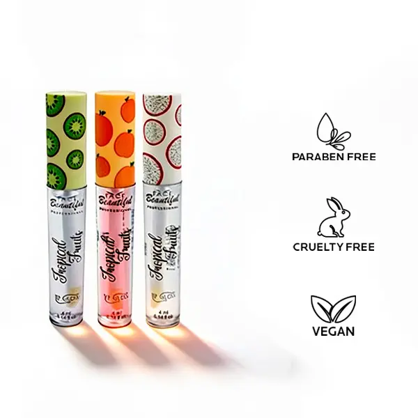 Brazilian Lip Gloss Kit (3-Pack) by Face Beautiful - Peach, Pitaya & Kiwi, Lightweight Non-Sticky Ultra-Glossy Wet-Look Hydration with Fruity Fragrance, 4 ml / 0.14 fl oz Each