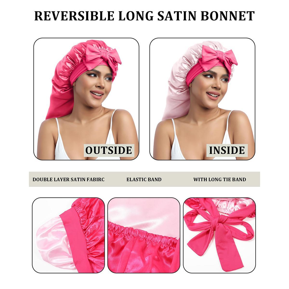 Long Double Layer Satin Bonnet Silk Like Texture for Sleeping Sleep Cap Adjustable Care Hair Bonnets with Elastic Tie Band for Women Braids Curly Hair Natural Hair Wrap Nightcap Gifts for Women