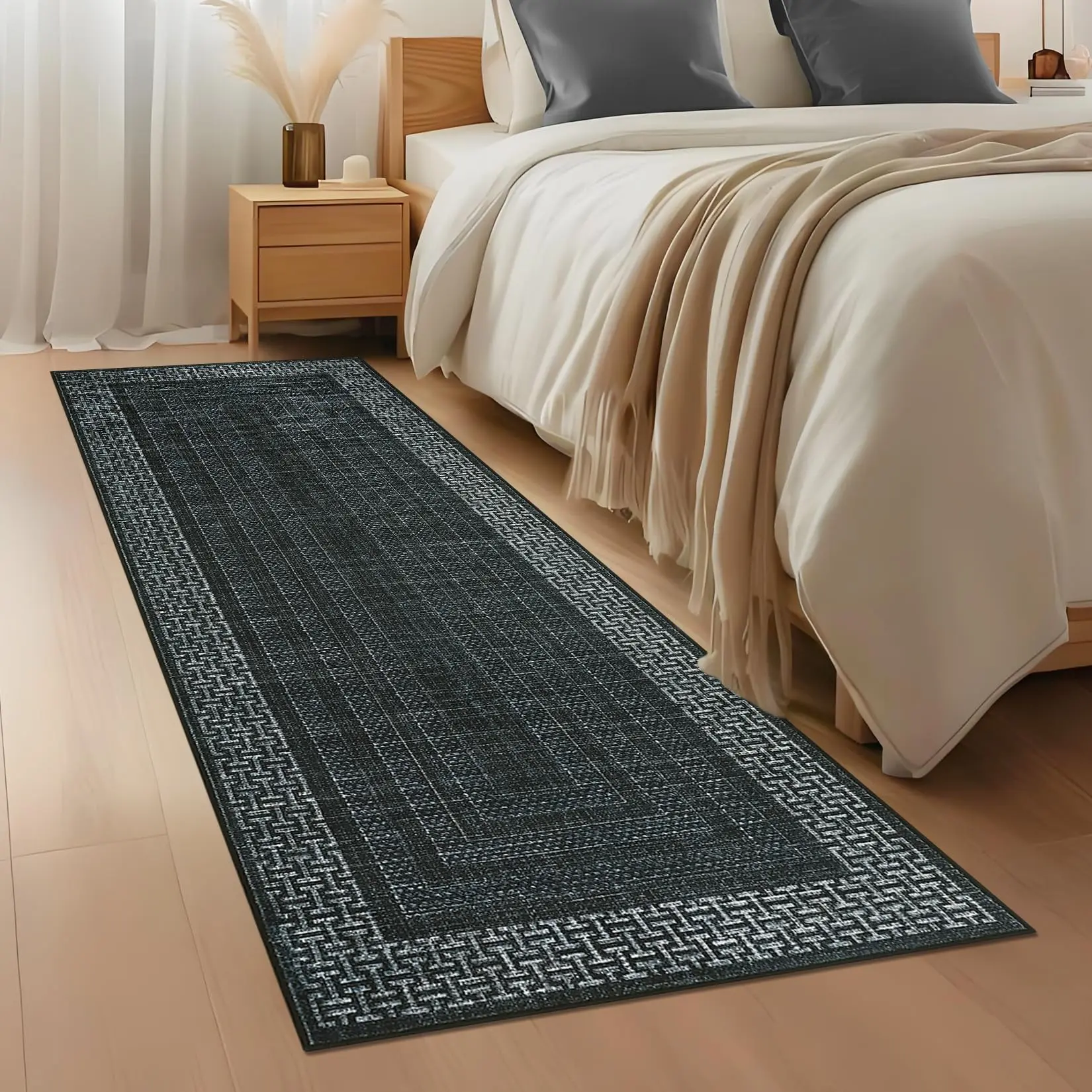Washable 2x6ft Black Hallway Runner Rug – Modern Geometric, Ultra Thin, Low Pile Carpet with Non-Slip Backing, Mark Resistant, Collapsible for Bedside, Kitchen, Laundry, Entryway