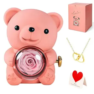 【Necklace Included】Cute Rose Bear & Heart Design Ring with Necklace,2026 Gift Set for Valentine's Day,Mother's Day,Christmas & Thanksgiving Gift, Romantic Rose Flower Bear Teddy Gift for Her,Eternal Forever Rose Bear Gift Weddings Anniversary for Woman