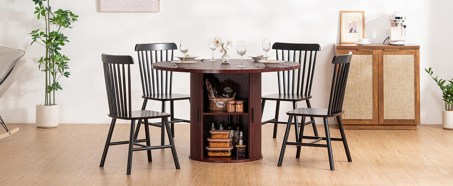 HOMMPA 48'' Round Dining Table for 4 Kitchen Dining Table with Storage Dinner Table with 2-Layer Shelf and Wood Slide Door for Home Dining Room Living Room Dark Walnut