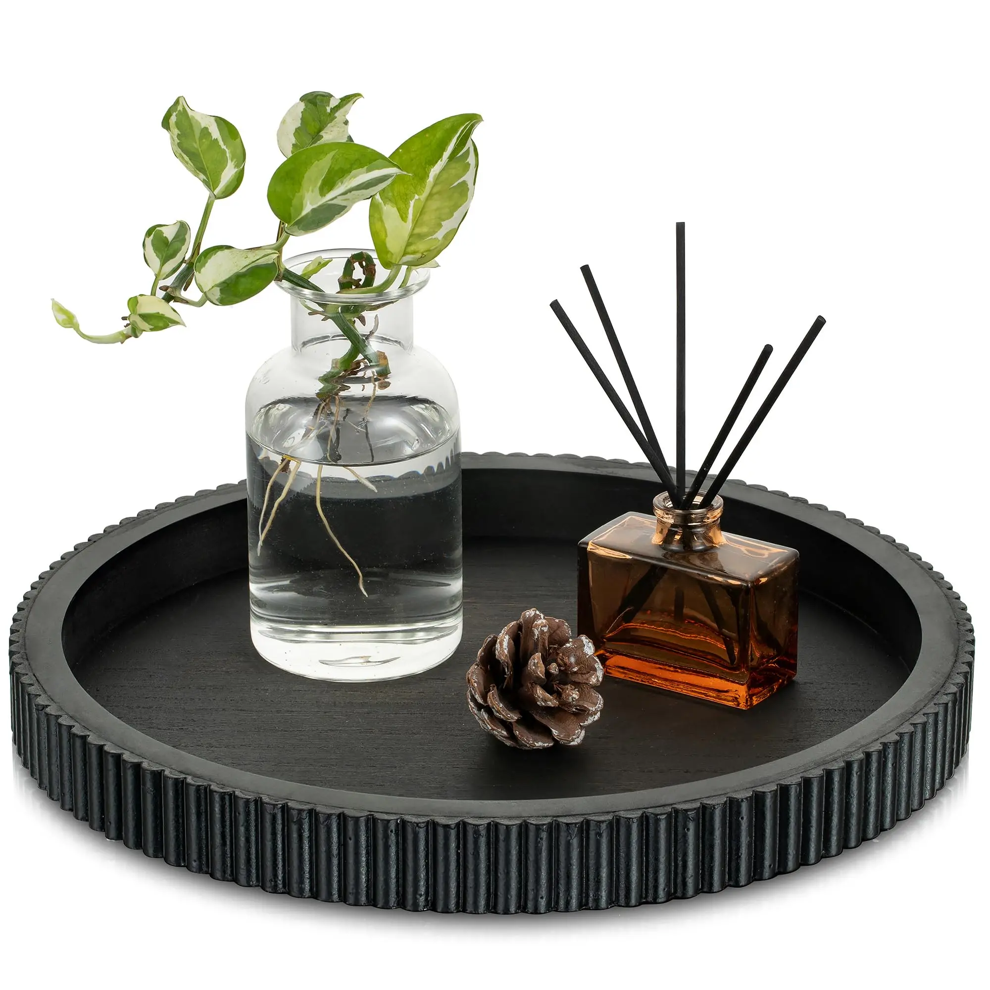 Minimalist Round Eco-Friendly Wooden Decorative Tray - Smooth, Wipeable, Durable, Stylish Classic Black Bathroom Organizer for Bathroom Organization, Restroom Accessories Storage, Soap Display, Home Decor Items, Aesthetic Room Decor