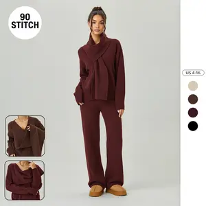 90Stitch Women's Slouchy Sweater & Wide Leg Trousers Co-ord Set - Cozy Two Piece Outfit with Scarf for Going Out
