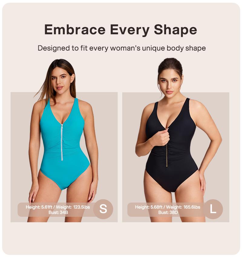 Lilylove Women's Shaping Swimsuit Zip-Front Ruched Wide Straps Tummy Tucking Slimming Sculpting Snatched Waist One Piece Bathing Suit Swimwear Swimming Beach