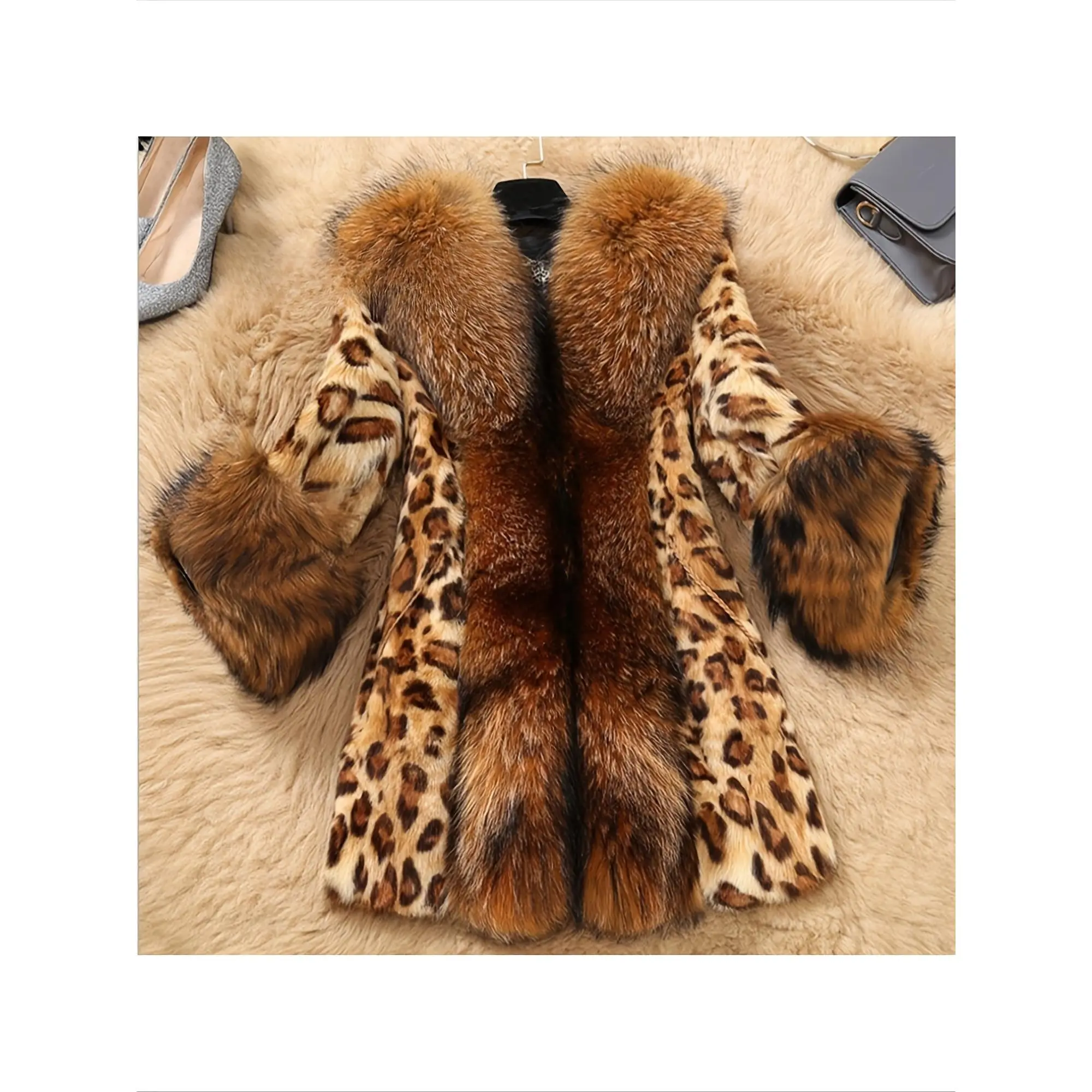 Women's Collared Neck Leopard Animal Print Mid-Length Warm Polyester Jacket - Unique Textured Finish, No Bulk, Elegant Outerwear for Ladies