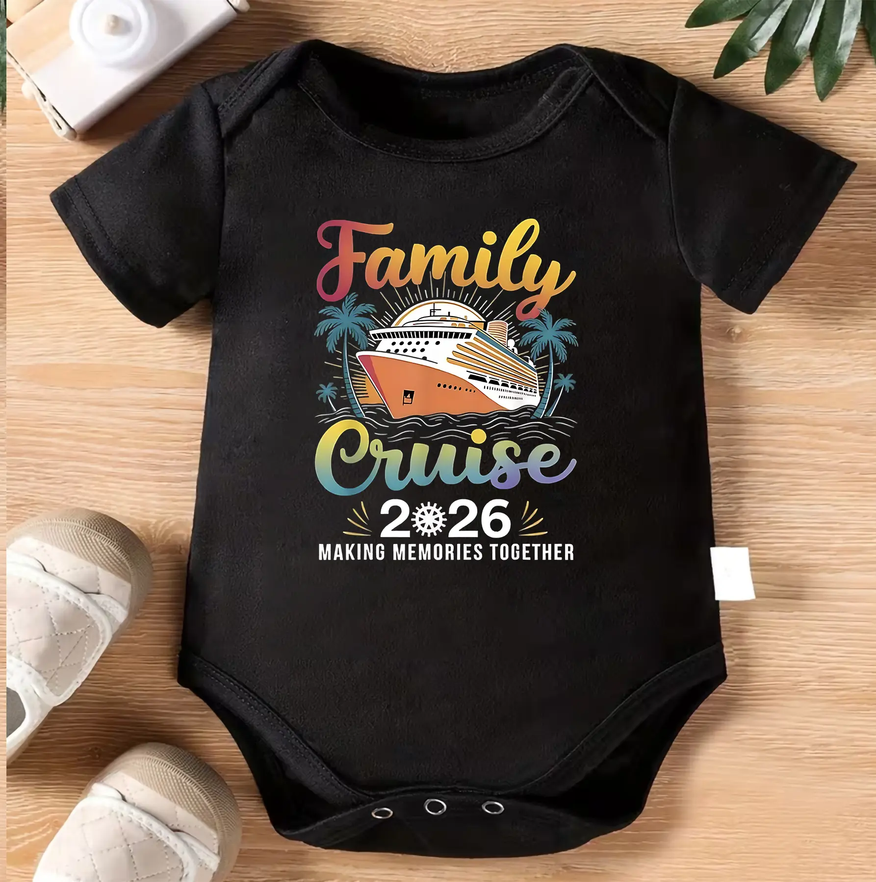 1pc Baby Crawling Suit - White Onesie with "Family Cruise 2026" Print - Soft Cotton Outfit for Newborns & Toddlers 0-3 Years - Perfect Vacation Gift - Machine Washable Infant Wear