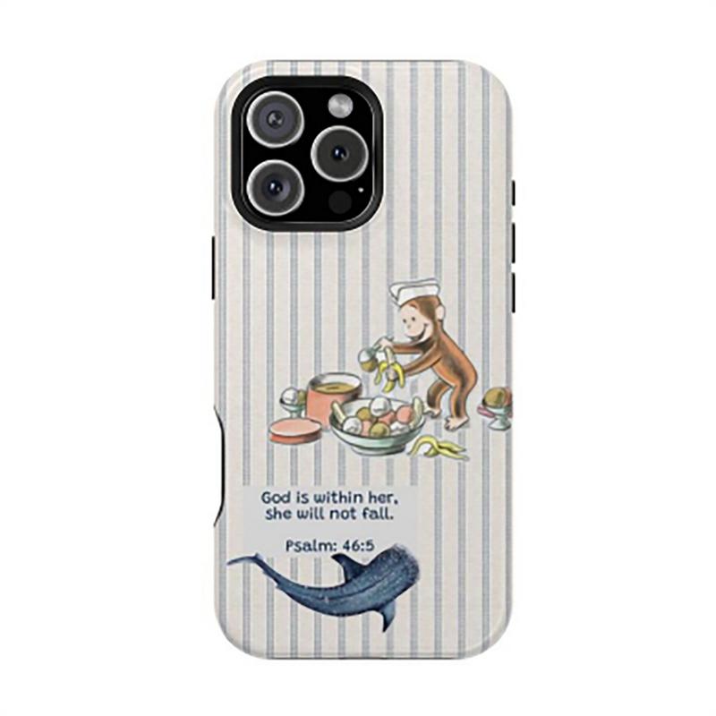 lsai Vintage Curious George Phone Case – Cartoon Monkey Pouring Syrup on Pancakes with Bible Verse "Do Everything in Love" on Blue Striped Background, Cute Protective Cover for iPhone 16 Pro Max 15 14 13 12 11 X, Samsung Galaxy S25 S24 S23 S22.8lsai