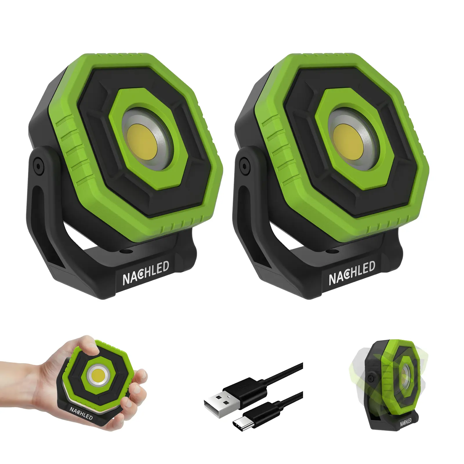 NACHLED 2PCS Pocket Mechanic Work Light - 800lm High Lumen High Performance Illumination Magnetic EDC Powerful Handheld Portable Rechargeable Lighting, Type-C 2600mAh, 360° Rotating Magnetic Stand, IP65 for Car Repair DIY Maintenance, High Performance Fla
