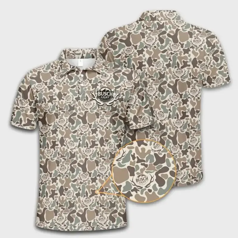 Busch Men's Performance Golf Polo Shirt, Tan Sage Green Camo Polo, Moisture Wicking Golf Shirt, Breathable Casual Outdoor Polo Made in USA