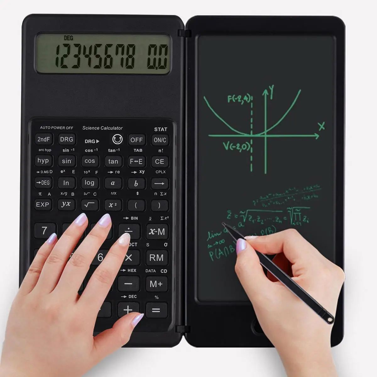 Foldable Design Scientific Calculator, 10-digit Large Display Calculator with Erasable Writing Tablet & Mini Pen, Portable Math Calculator for Calculus, Home School Office Dormitory Trip, Office Calculators